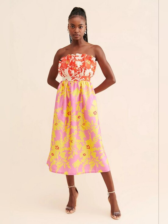 Vineet Bahl Dresses & Skirts - Anthropologie Vineet Bahl Tropical Floral Strapless Midi Dress Pink Yellow Small